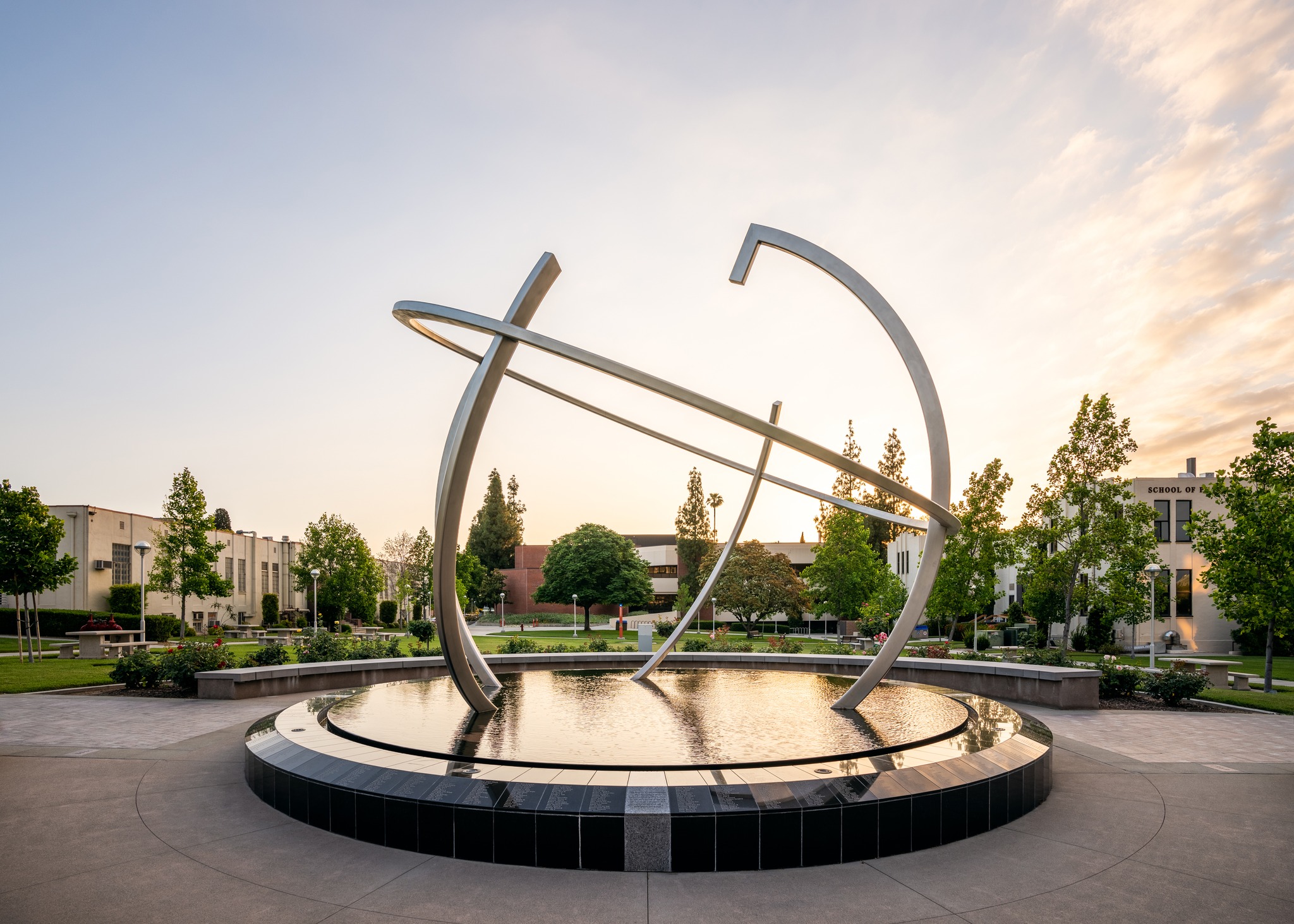 Sunrise at the globe statue on campus