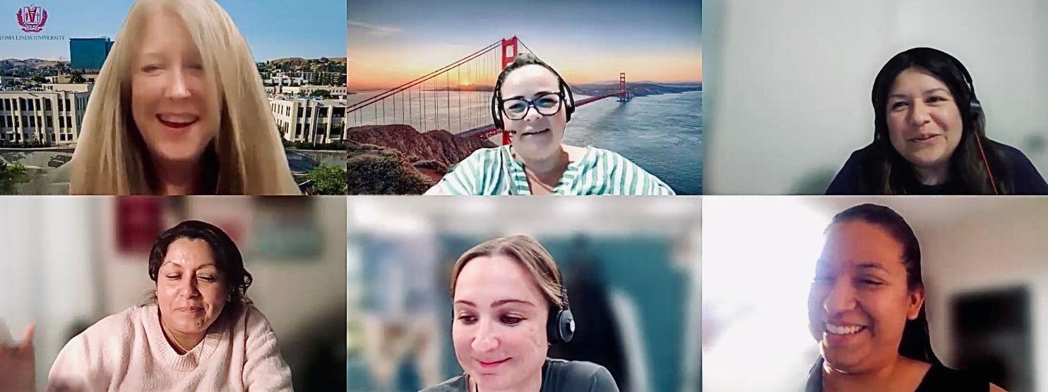 Six women participate in an online Loma Linda University DSW class via video call, smiling and engaging in discussion.