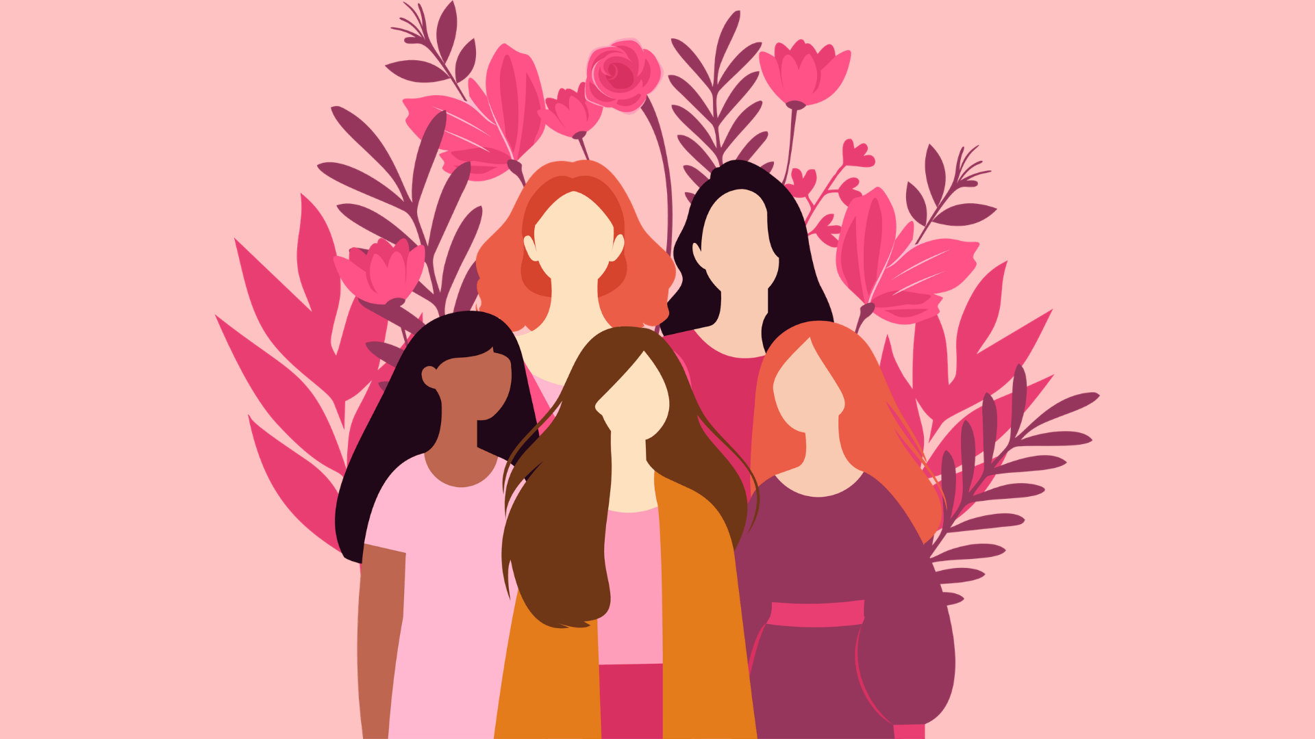 A flat-style illustration of five diverse women with different hair colors and skin tones standing together, surrounded by pink and purple flowers and foliage on a soft pink background.