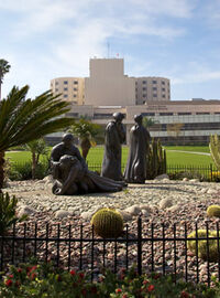 Photo of the Loma Linda University campus, showing a fenced garden with palm trees, cacti, and a bronze statue depicting Christ ministering to a fallen figure, with campus buildings and the medical center tower in the background under a partly cloudy sky.