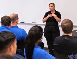 Heather Saenz teaches a group of EMTs