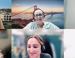 Six women participate in an online Loma Linda University DSW class via video call, smiling and engaging in discussion.