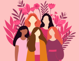 A flat-style illustration of five diverse women with different hair colors and skin tones standing together, surrounded by pink and purple flowers and foliage on a soft pink background.